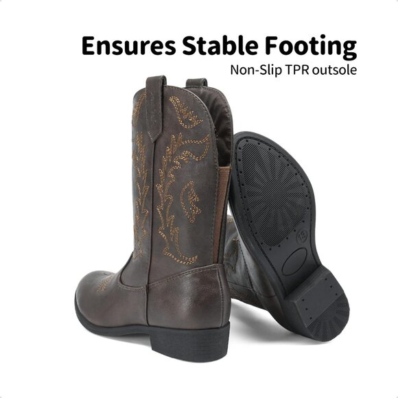 Kids Brown    Cowboy Boots Pointed Toe Mid Calf Western Youth Horse Riding - Picture 6 of 7